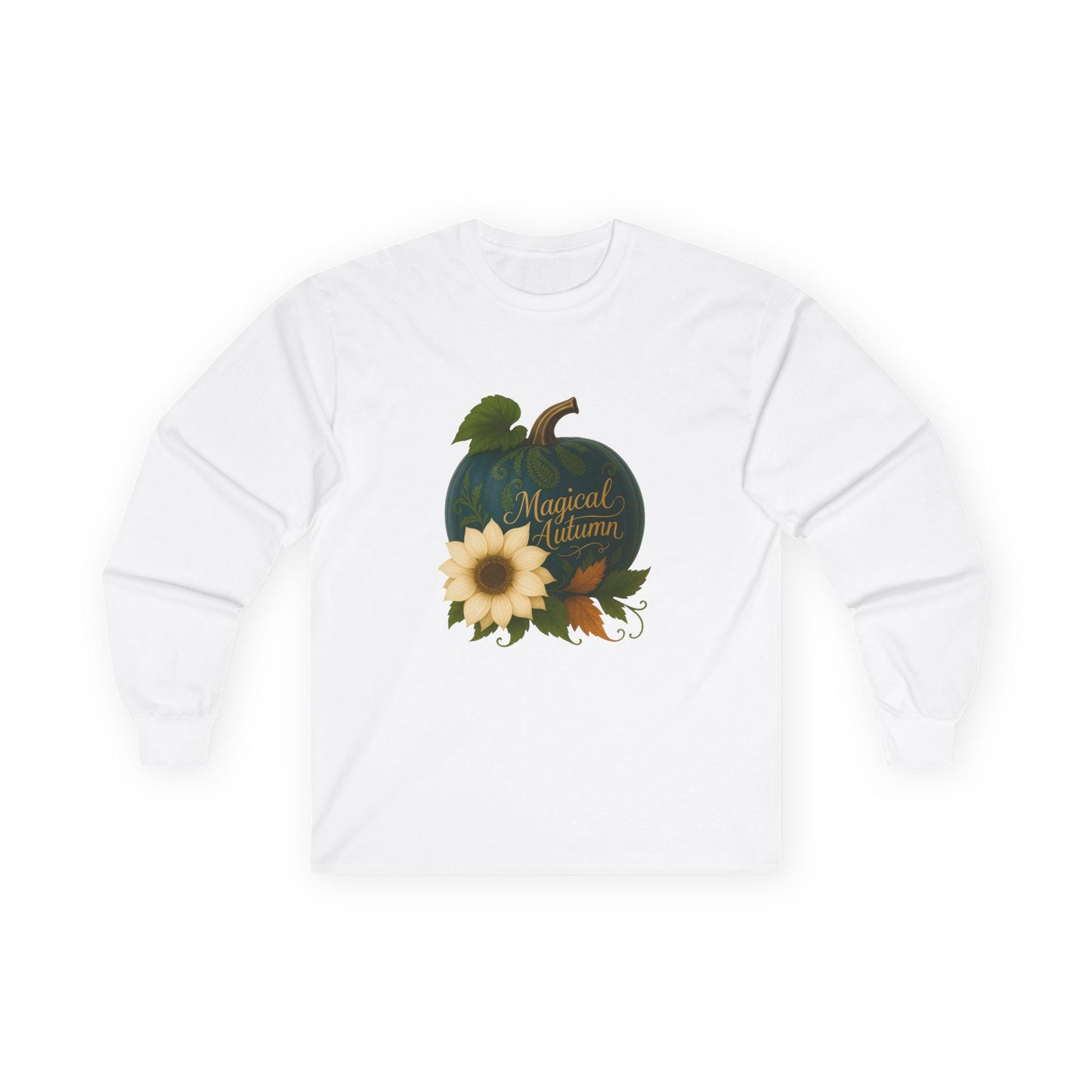 Autumn Teal Pumpkin Floral Long Sleeve T-Shirt: Cozy Fall Tee