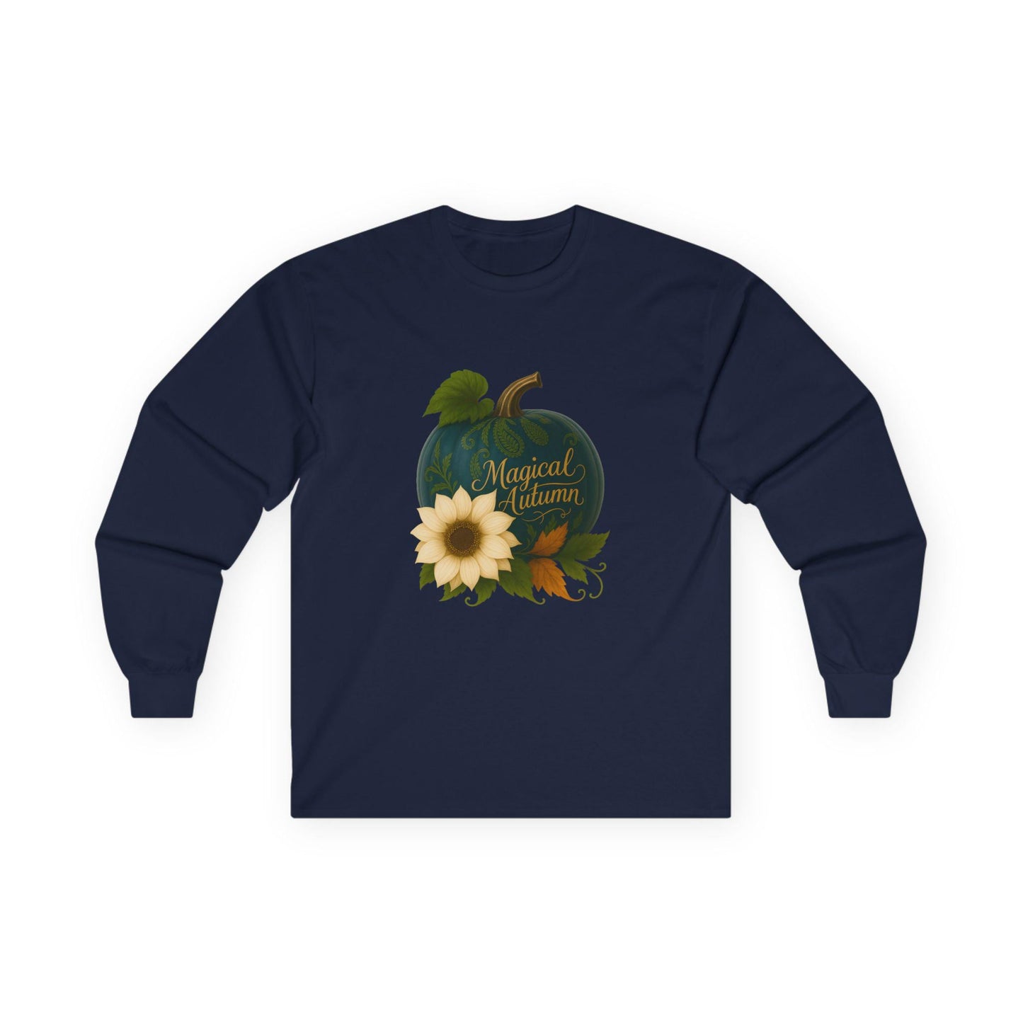 Autumn Teal Pumpkin Floral Long Sleeve T-Shirt: Cozy Fall Tee