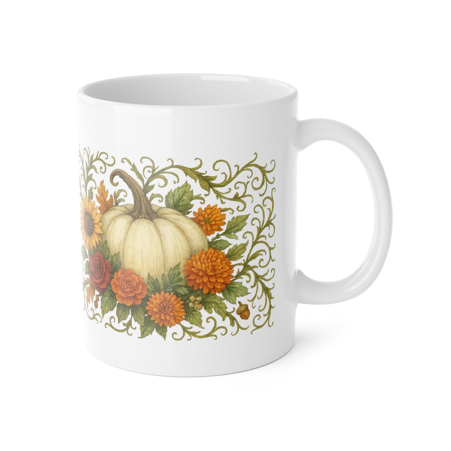 Pumpkin Floral Mug: Autumn Ceramic Coffee Cup, Fall Decor