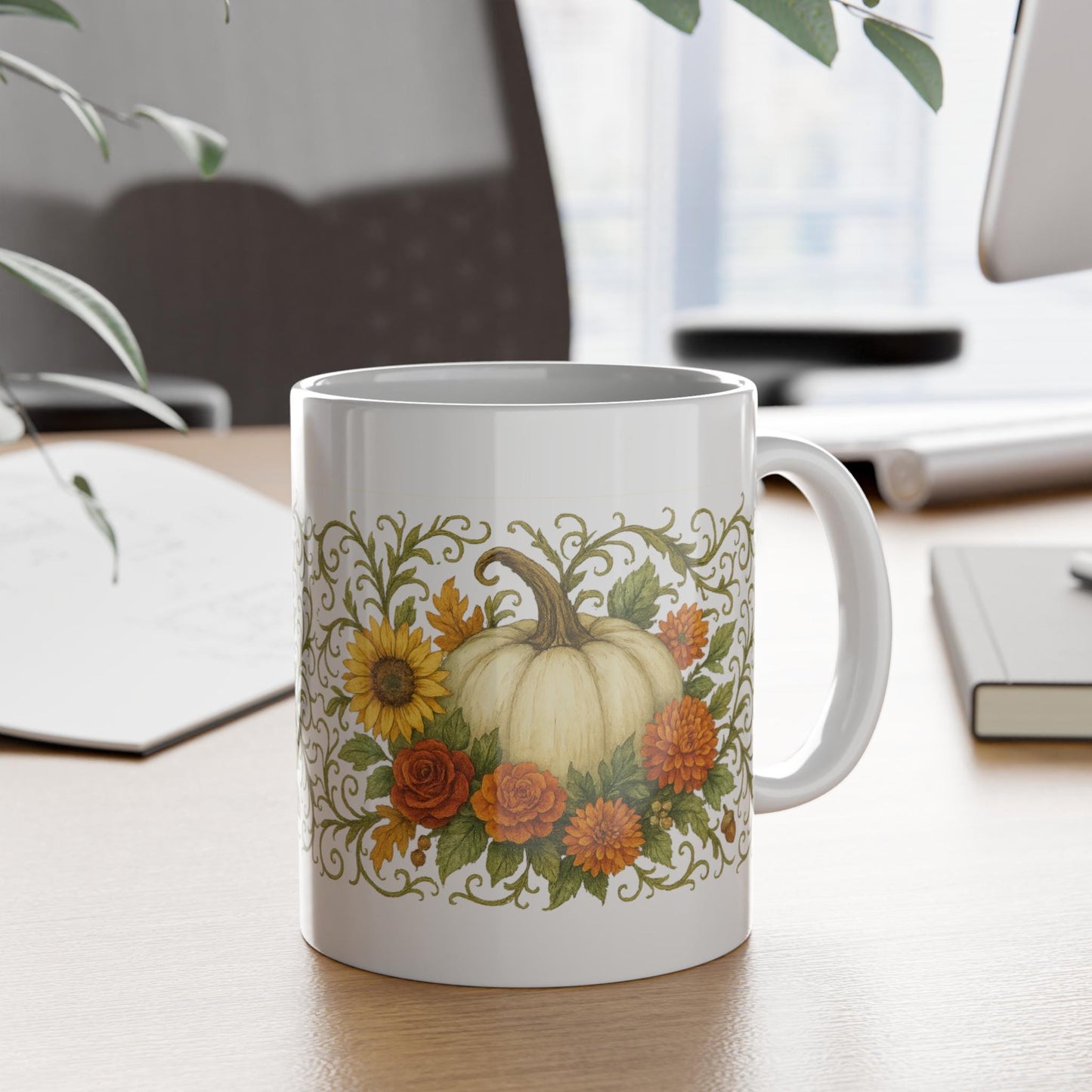 Pumpkin Floral Mug: Autumn Ceramic Coffee Cup, Fall Decor