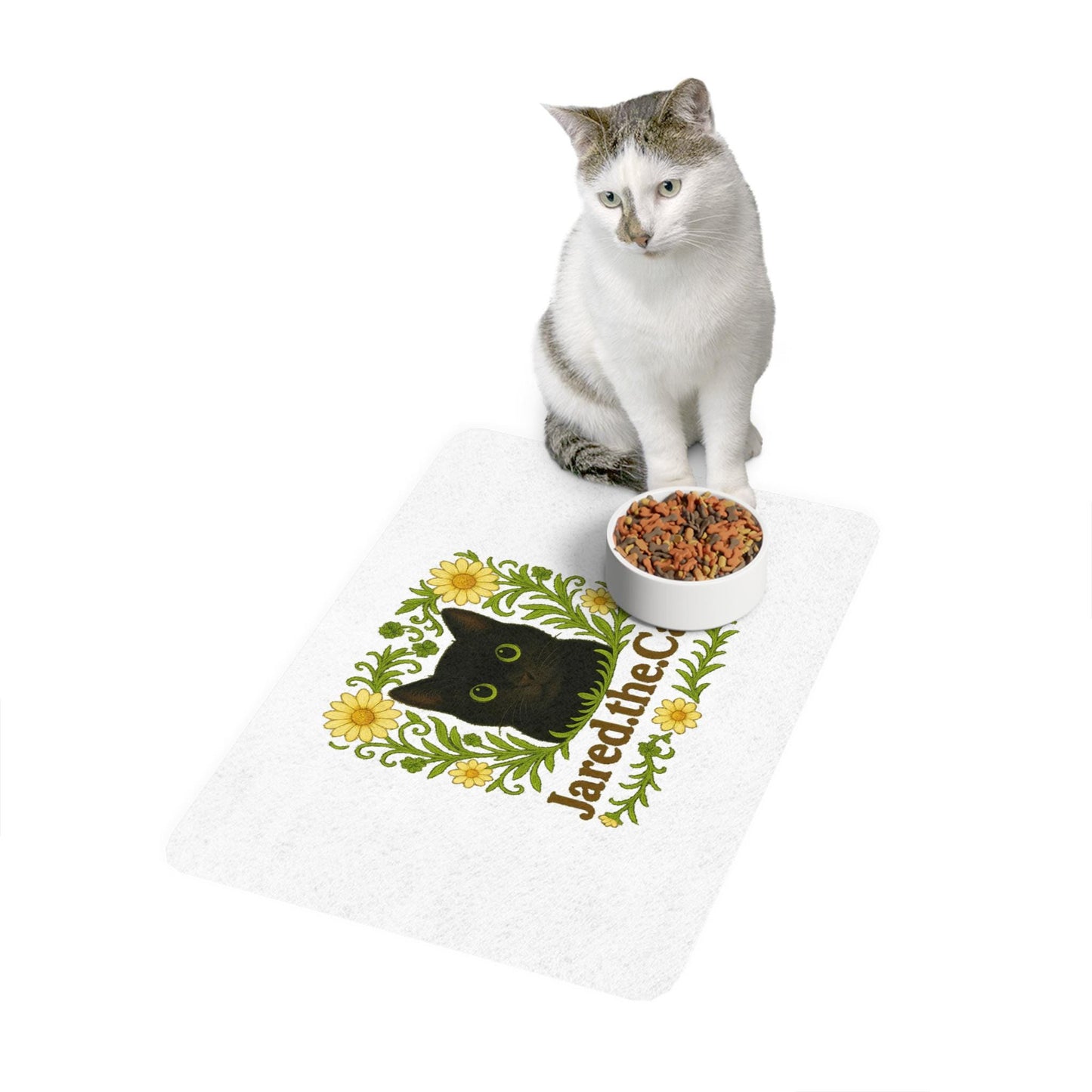 Whimsical Cat Food Mat: Jared the Cat Design, Non-Slip Polyester