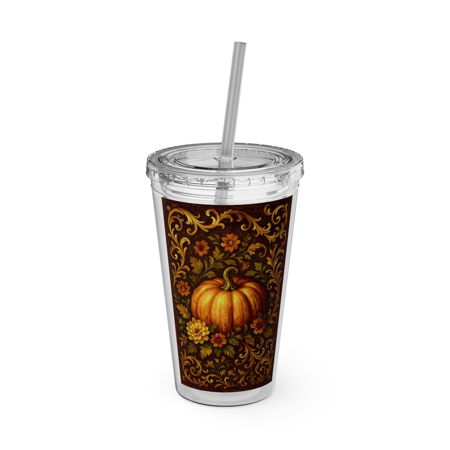 Autumn Harvest Travel Tumbler, Pumpkin Design, Fall Drinkware, Insulated Cup, Floral Decor, Seasonal Gift, BPA-Free Acrylic