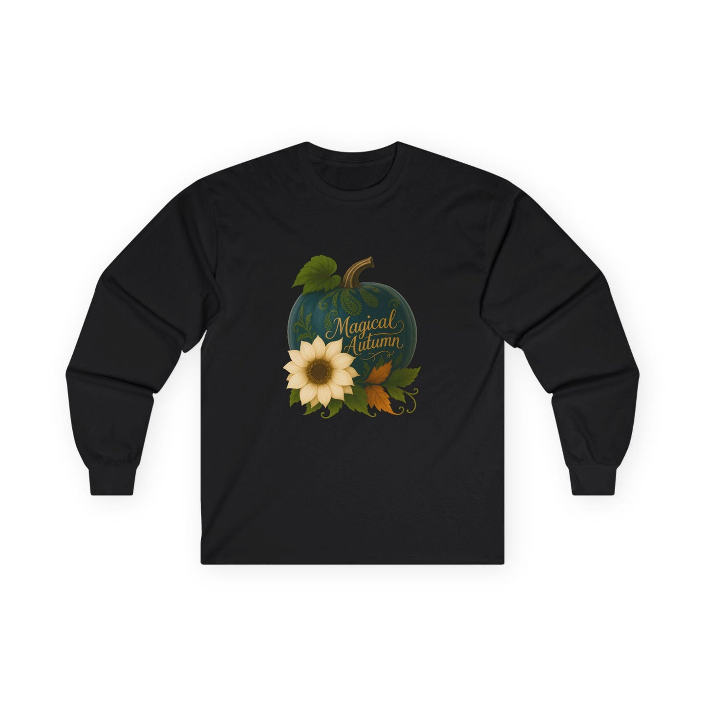 Autumn Teal Pumpkin Floral Long Sleeve T-Shirt: Cozy Fall Tee