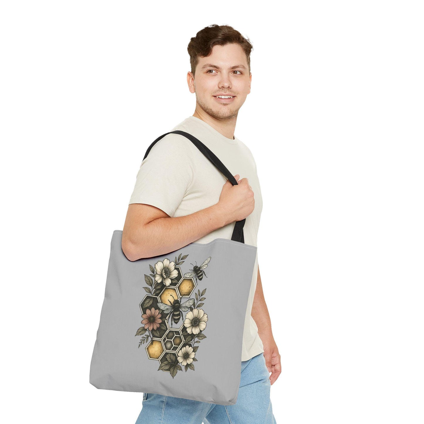 Stylish Bee & Honeycomb Tote Bag - Floral Geometry Design, Durable Eco Alternative, Reusable Shopper, Cute Bee Market Bag, Gift for Nature