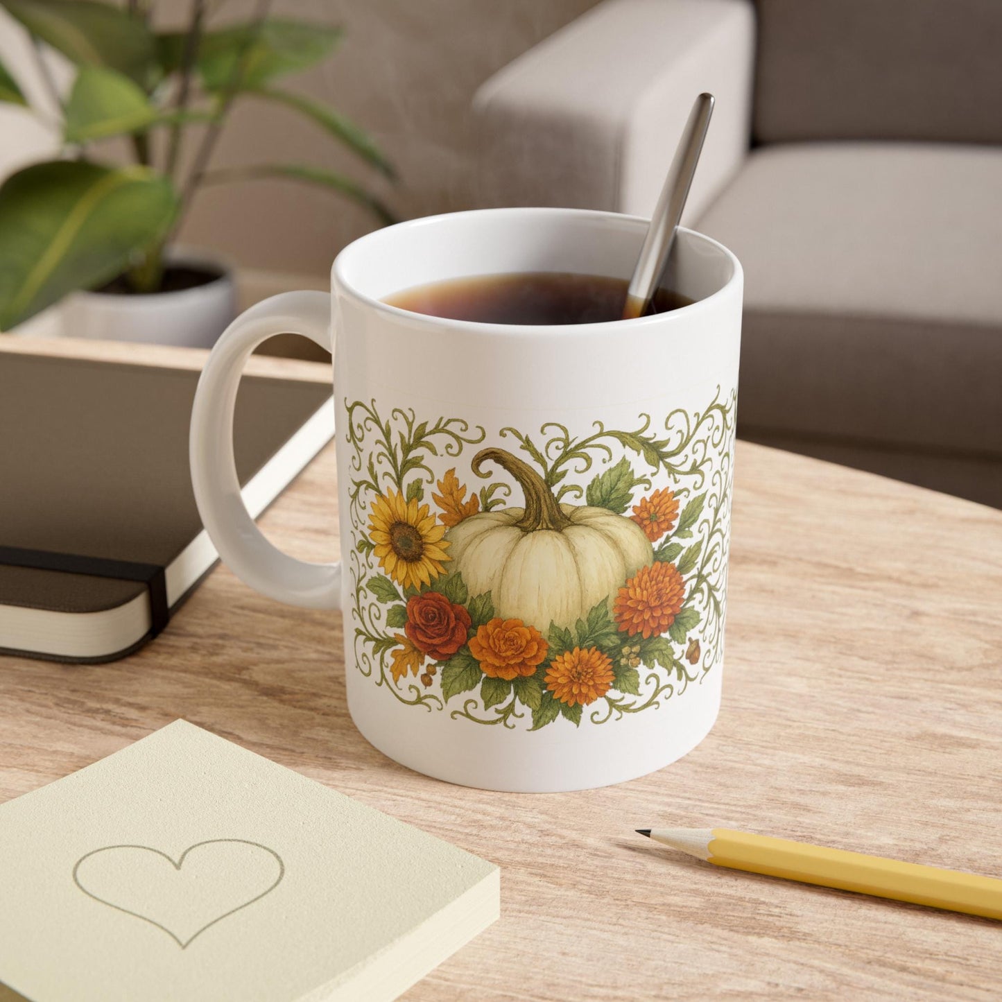 Pumpkin Floral Mug: Autumn Ceramic Coffee Cup, Fall Decor