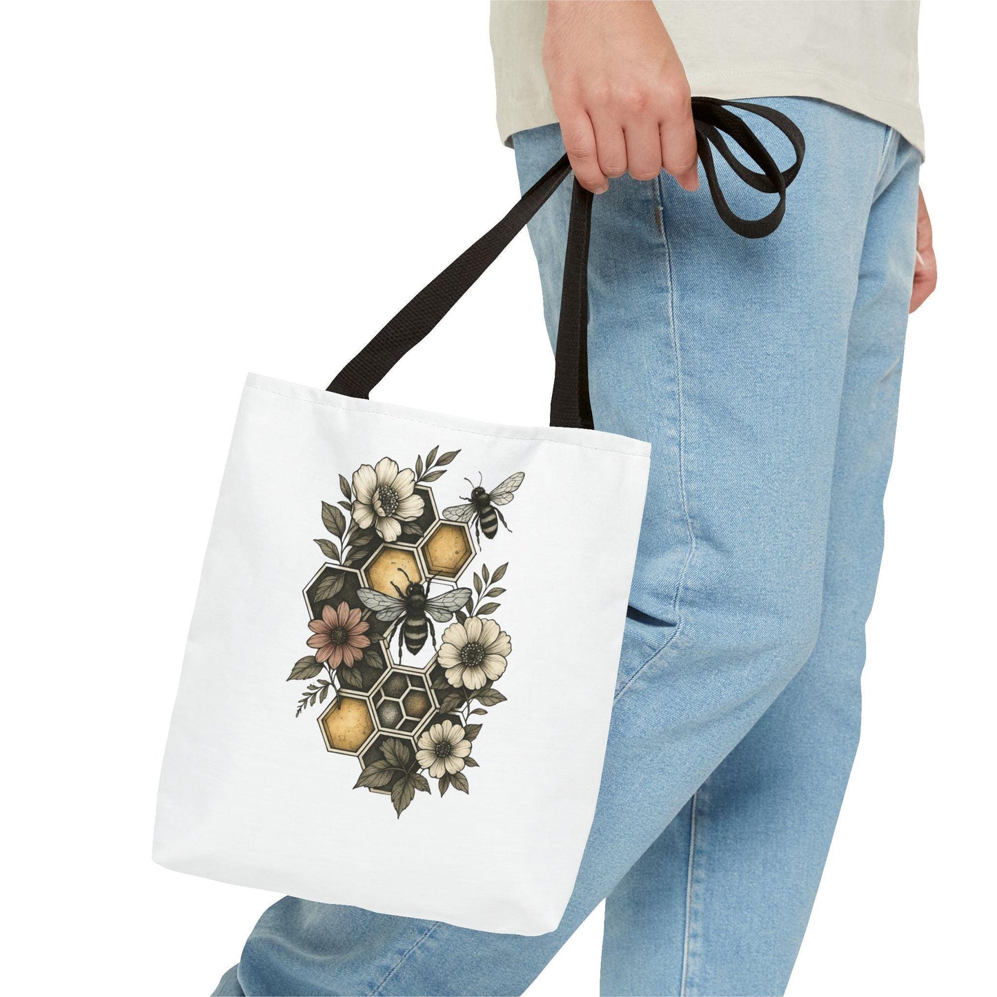 Stylish Bee & Honeycomb Tote Bag - Floral Geometry Design, Durable Eco Alternative, Reusable Shopper, Cute Bee Market Bag, Gift for Nature