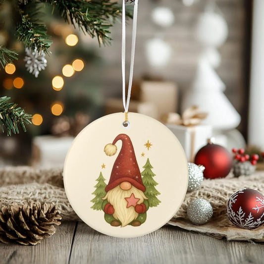 Woodland Gnome Holding Star Ornament | Ceramic Holiday Tree Decoration