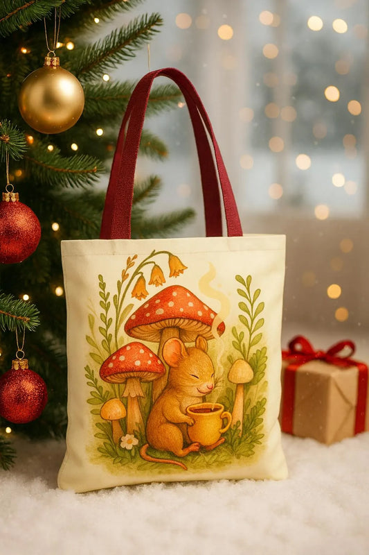 Cozy Mushroom Mouse Cottagecore Tote Bag Gift for Woodland Nature lovers