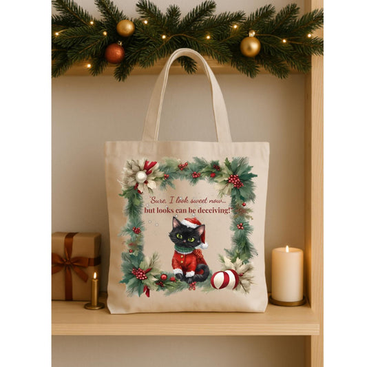Cotton Canvas Tote Bag - Jared the Cat Holiday Mischief Tote, Naughty or Nice & Cozy Carry-All, Funny Christmas Gift, Eco-Friendly Shopping