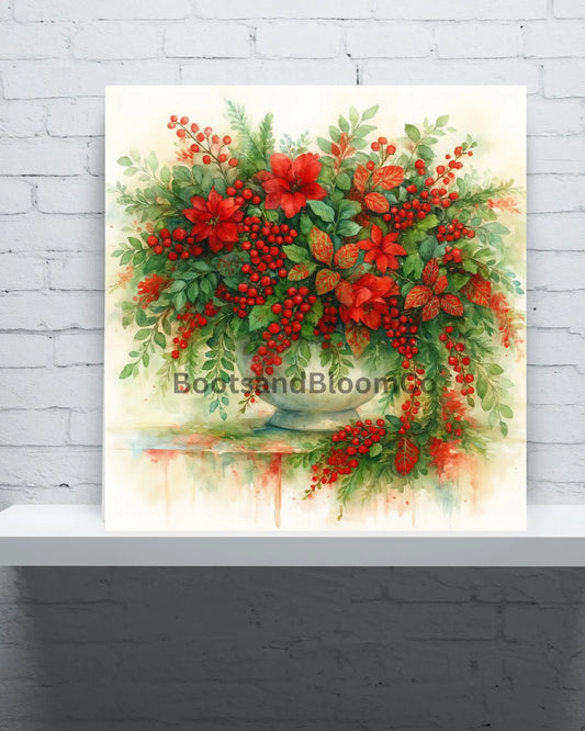 Christmas Watercolor Printable Poinsettia Design Digital Download Holiday Card Gift Tag Botanical Artwork Festive Decoration Winter